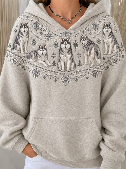 Women's Vintage Husky Dogs Yoke Isle Print Cozy Hoodie