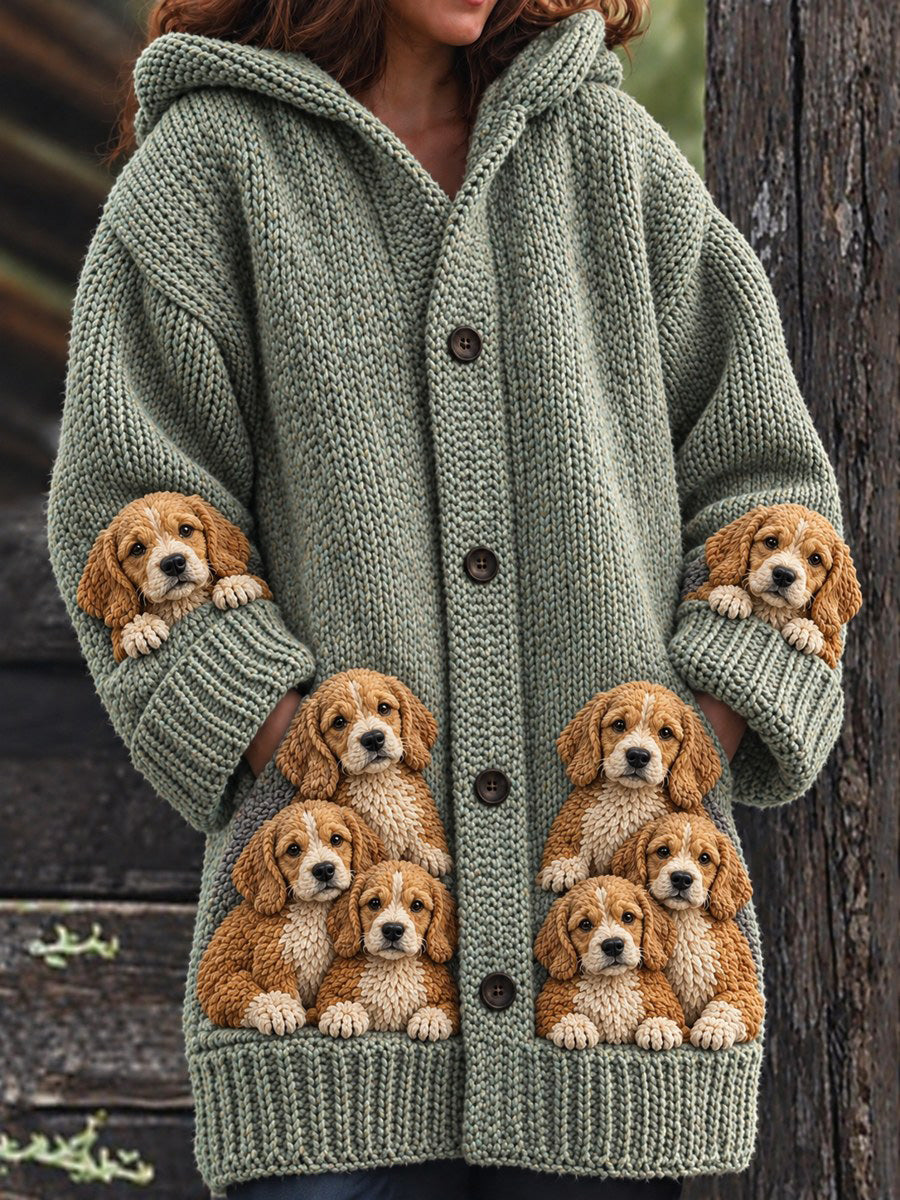 Women's Vintage Crowded Dogs Print Cozy Composite Fleece Long Coat
