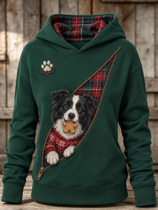 Women's Christmas Border Collie Pattern Causal Hoodie