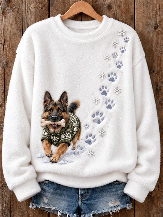 Women's Winter German Shepherd Dog Pattern Causal Flannel Sweatshirt