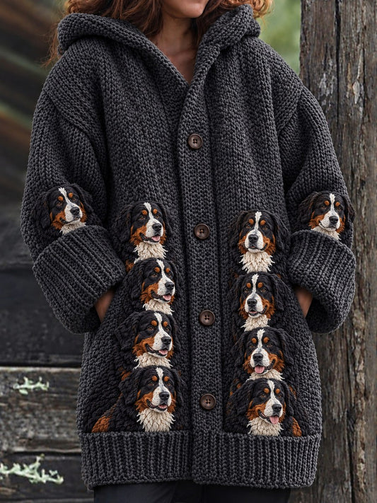 Women's Vintage Crowded Bernese Mountain Dogs Print Cozy Composite Fleece Long Coat