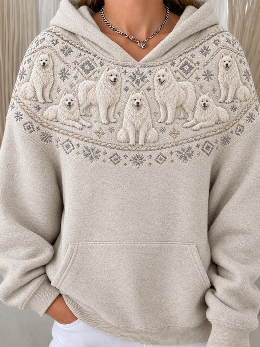 Women's Vintage Samoyed Dogs Yoke Isle Print Cozy Hoodie