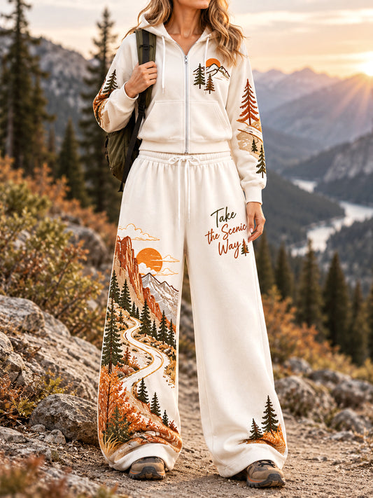 Women's Wilderness Trail Print Hike Lovers Hoodie & Pants 2 Piece Set