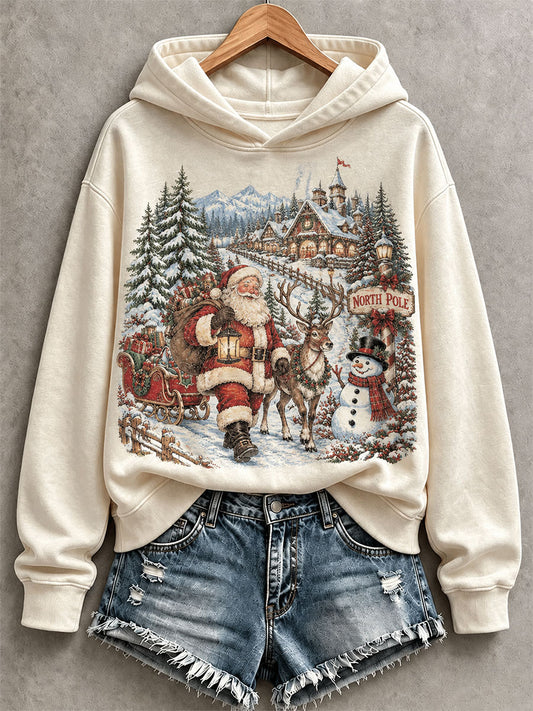 Women's Vintage Santa And Snowman Print Hoodie