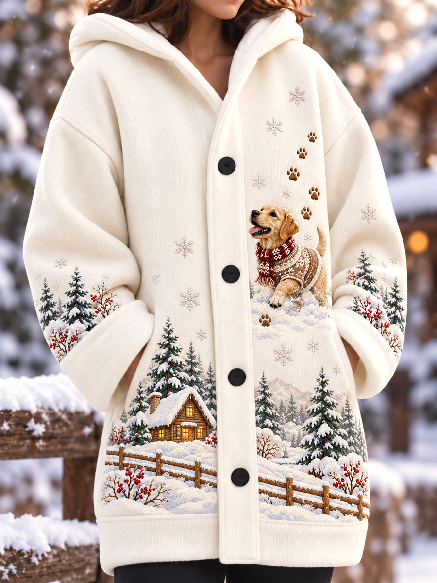 Women's Cute Winter  Labrador Retriever Print Dog Lovers Casual Composite Fleece Long Coat