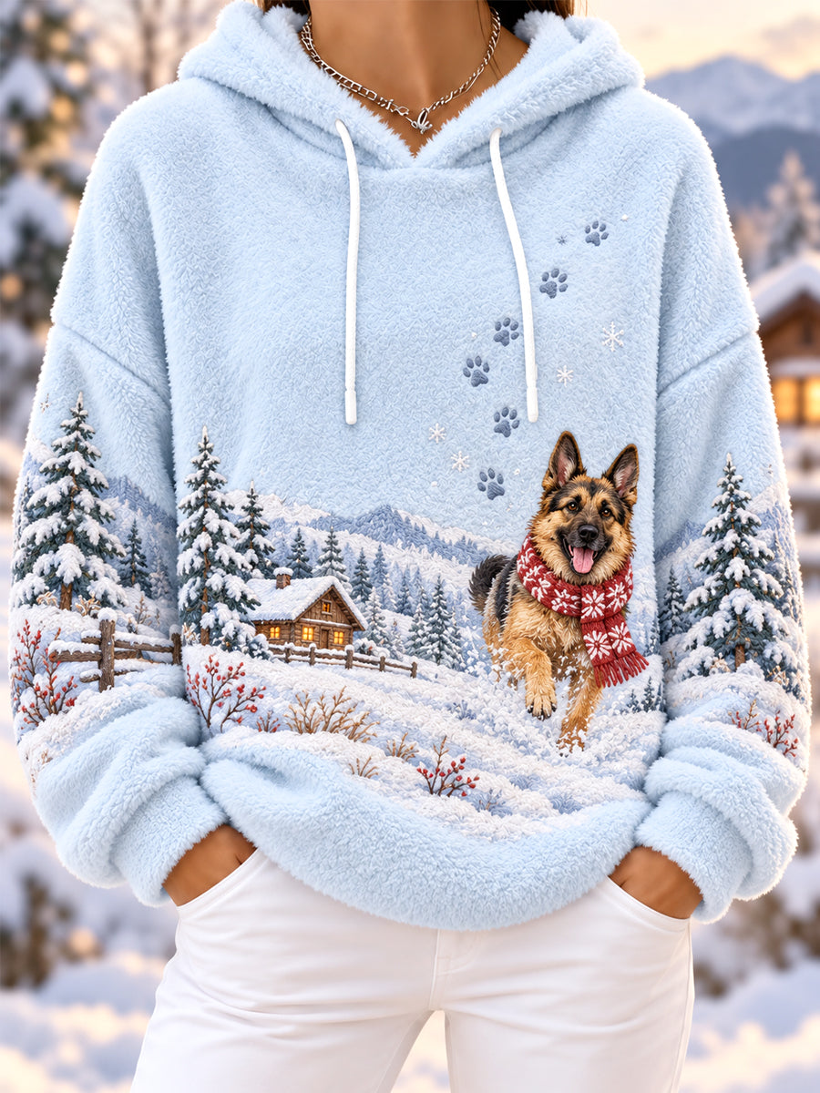 Women's Cute Winter German Shepherd Print Dog Lovers Casual Flannel Hoodie