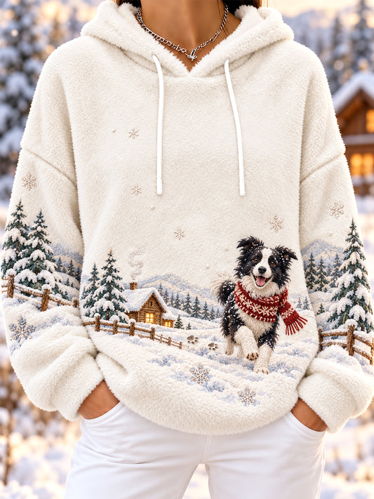 Women's Cute Winter Border Collie Print Dog Lovers Casual Flannel Hoodie