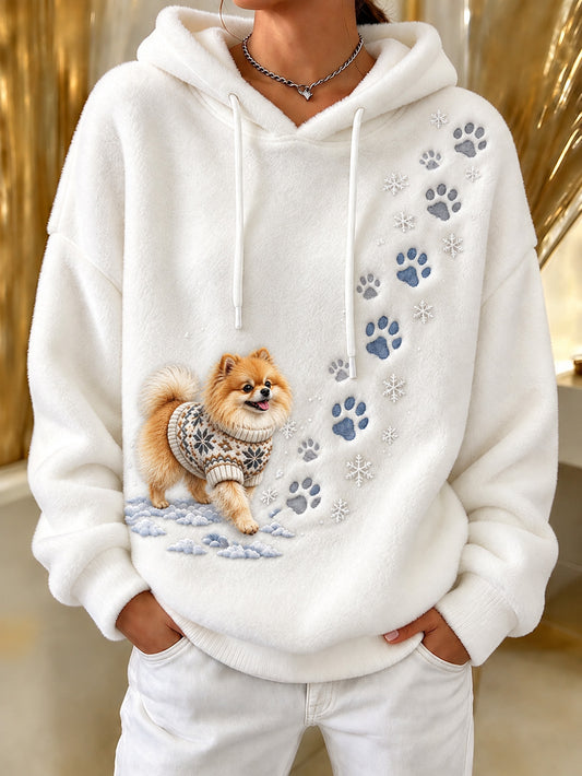 Women's Winter Pomeranian Pattern Causal Flannel Hoodie