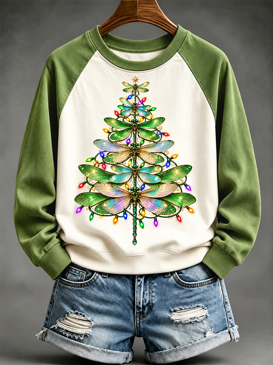 Women's Beautiful Dragonfly Christmas Tree Print Casual Sweatshirt