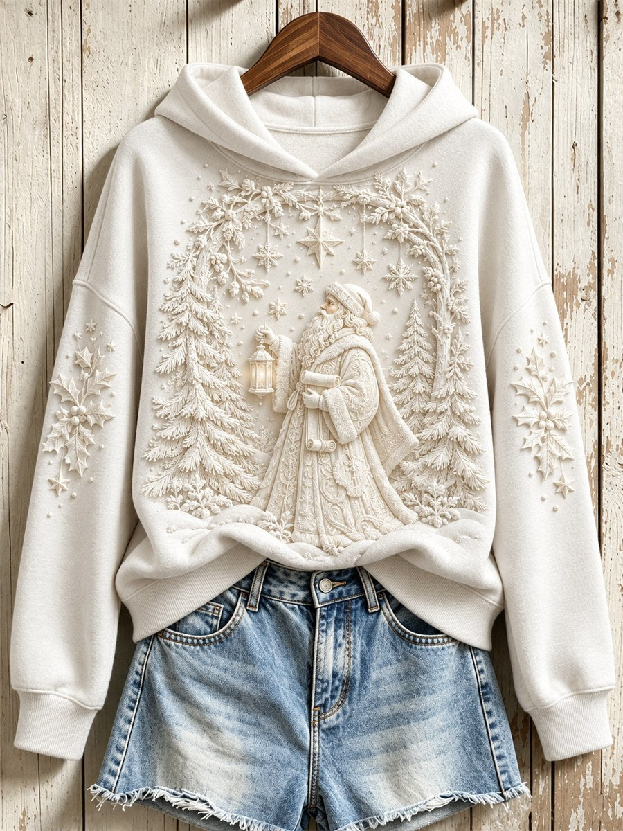 Women's Vintage Classy Christmas Snowy Santa Claus Relief Art Print Hoodie