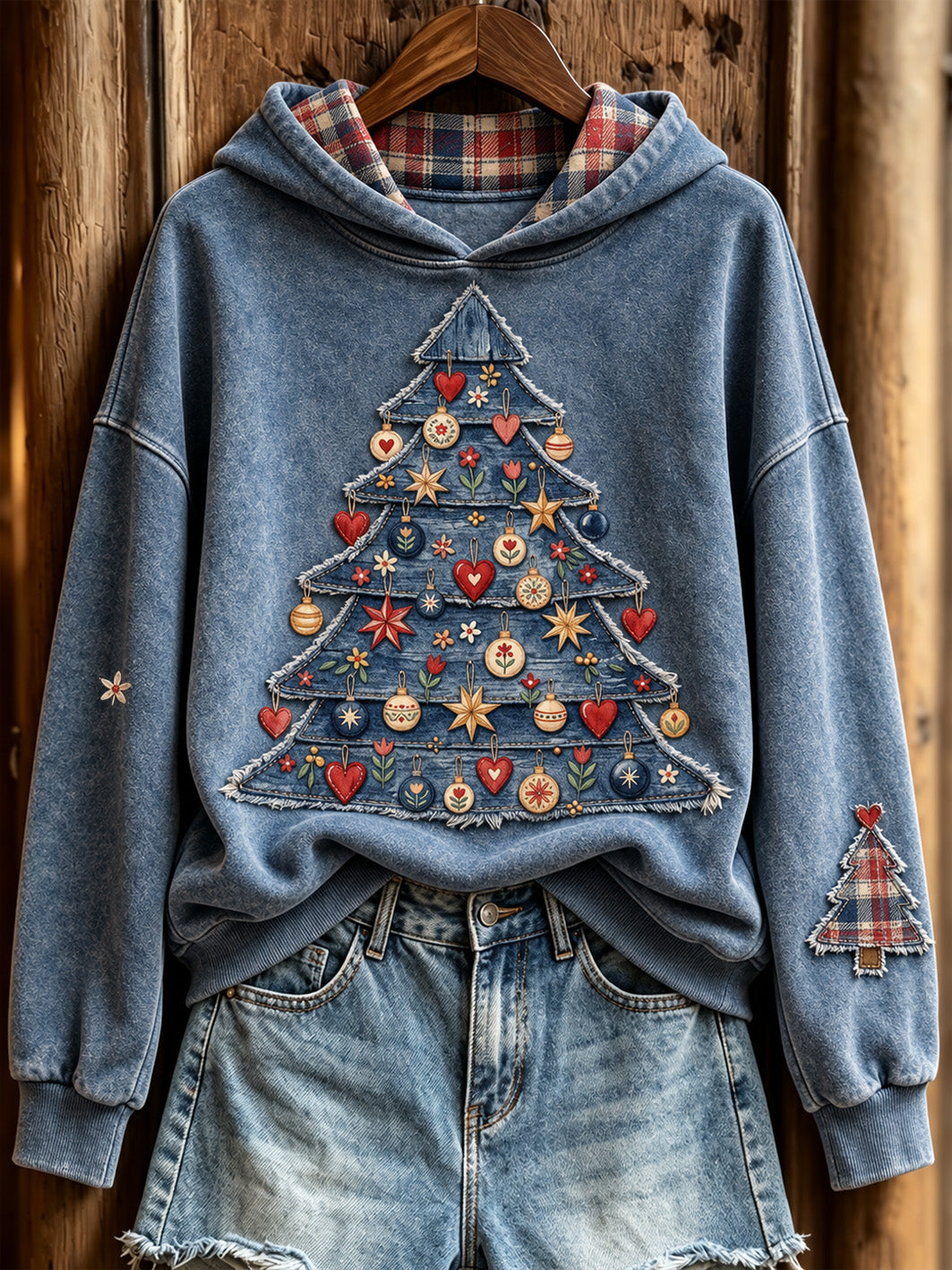 Women's Retro Christmas Tree Patchwork Pattern Design Casual Hoodie