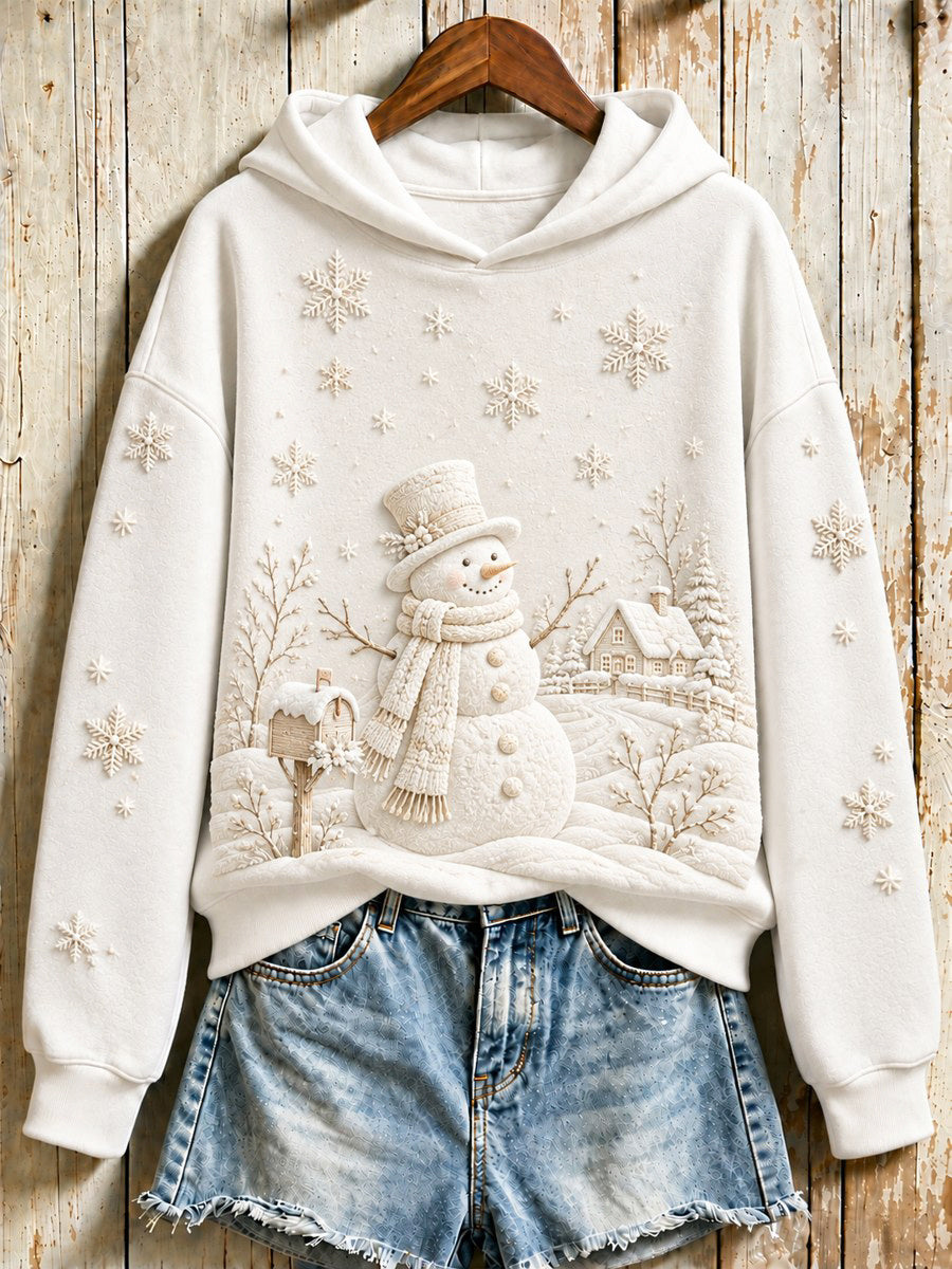 Women's Vintage Classy Christmas Snowman Snowflakes Relief Art Print Hoodie