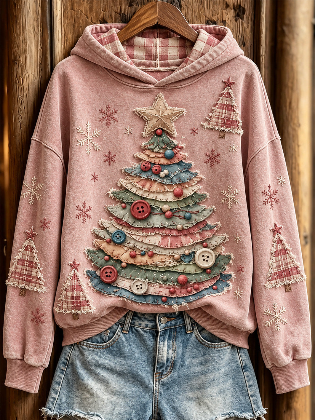 Women's Retro Christmas Tree Patchwork Pattern Design Casual Hoodie
