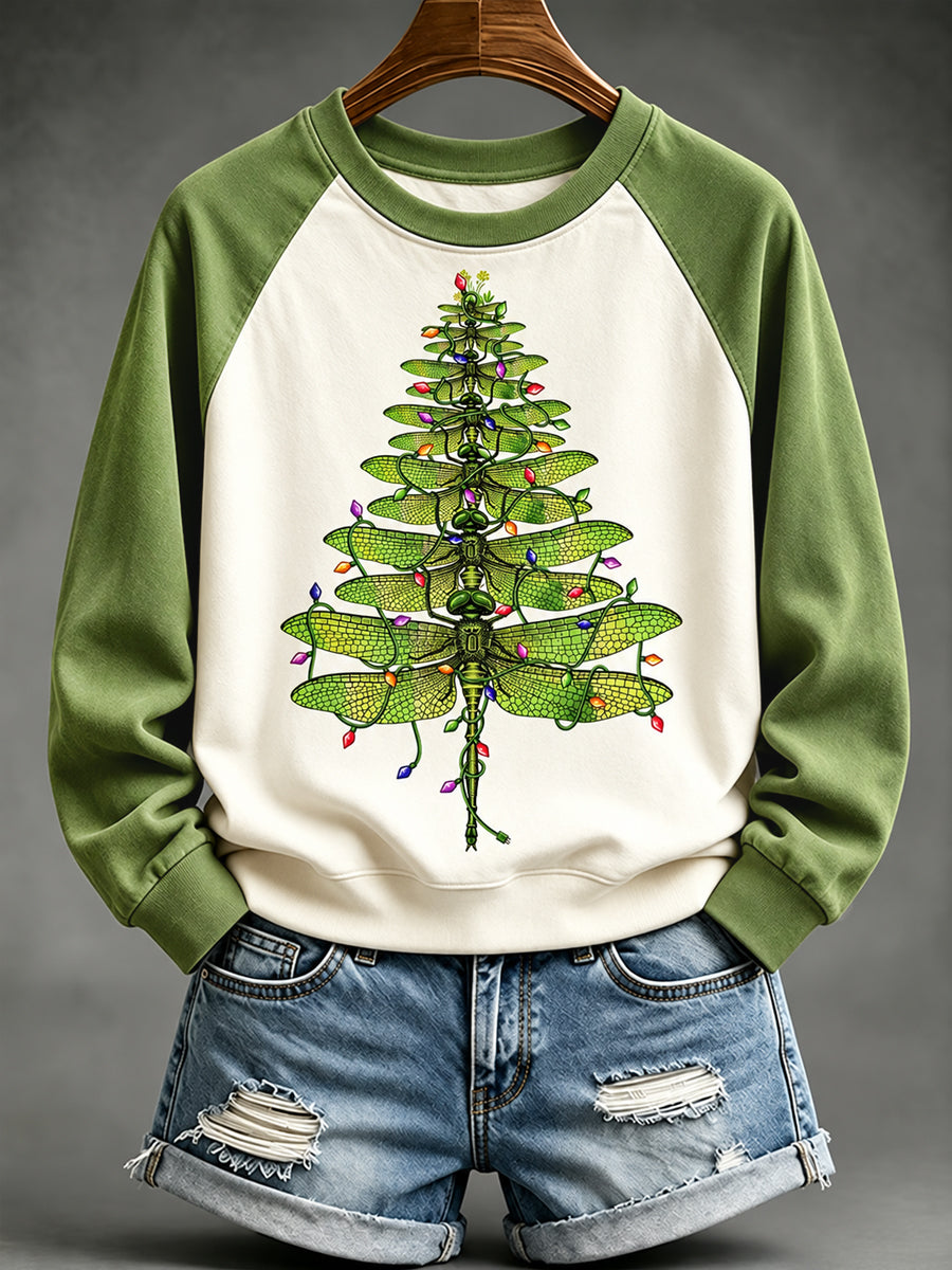 Women's Beautiful Dragonfly Christmas Tree Print Casual Sweatshirt