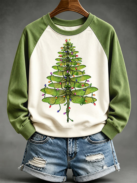 Women's Beautiful Dragonfly Christmas Tree Print Casual Sweatshirt