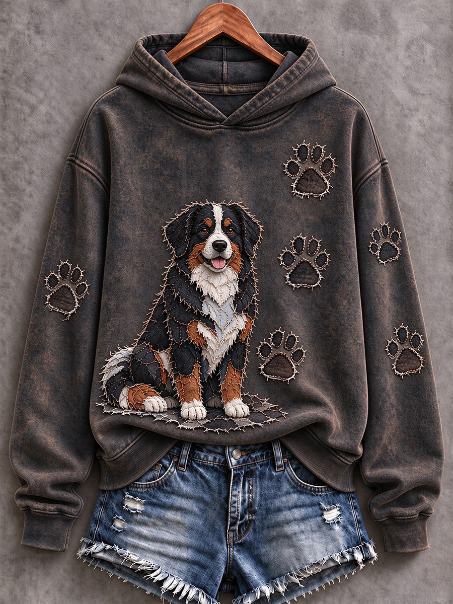 Women's Bernese Mountain Dog & Paw Prints Patchwork Print Casual Hoodie