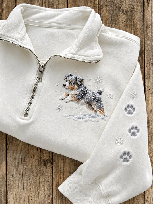 Women's Snowy Winter Australian Shepherd Dog In the Snow Print Zip Up Sweatshirt