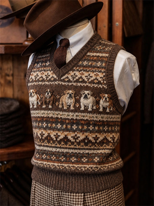 Men's Vintage Bulldogs Fair Isle Pattern Print Cozy Vest