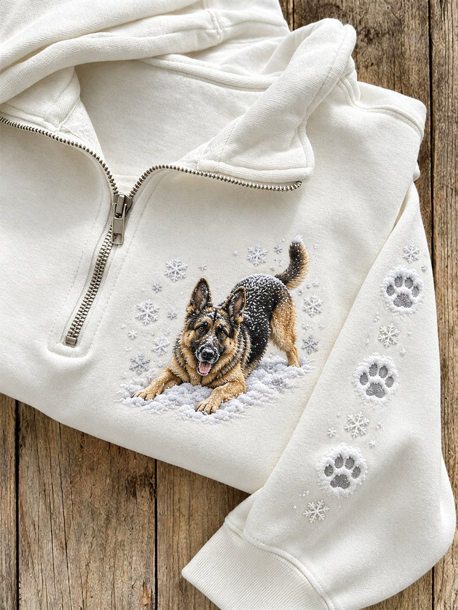 Women's Snowy Winter German Shepherd Dog In the Snow Print Zip Up Sweatshirt