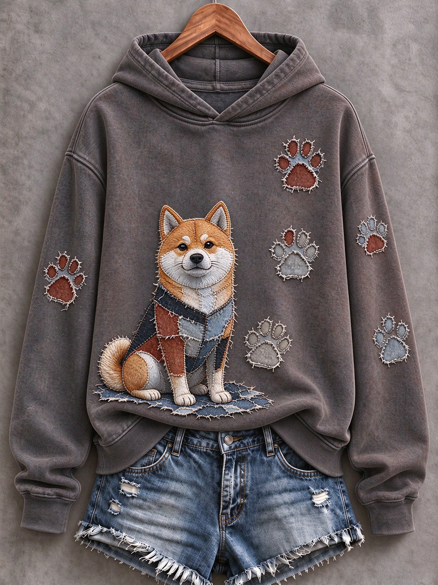 Women's Shiba Inu & Paw Prints Patchwork Print Casual Hoodie