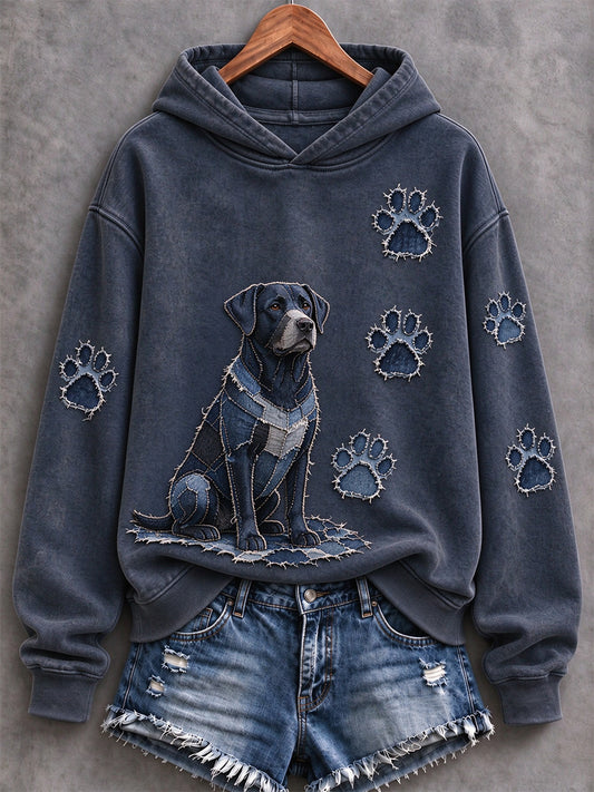 Women's Labrador Retriever & Paw Prints Patchwork Print Casual Hoodie