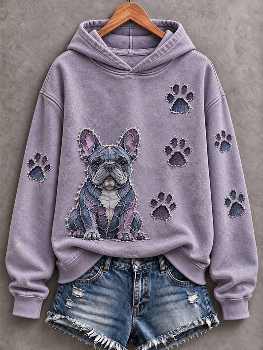 Women's French Bulldog & Paw Prints Patchwork Print Casual Hoodie