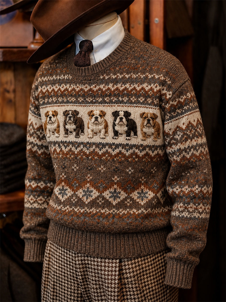 Men's Vintage Bulldogs Fair Isle Pattern Print imitation sweater
