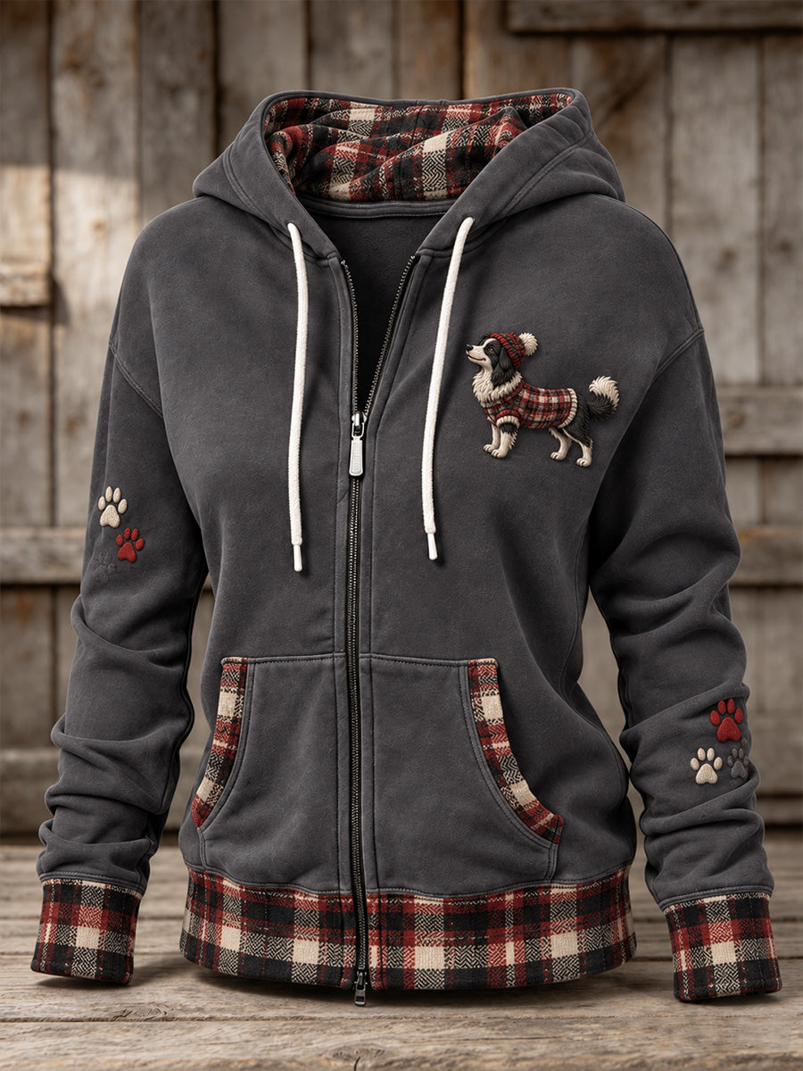 Women's Vintage Plaid Border Collie Dog & Paws Print Comfy Zip-Up Hoodie