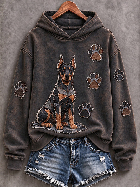 Women's Doberman Pinscher & Paw Prints Patchwork Print Casual Hoodie