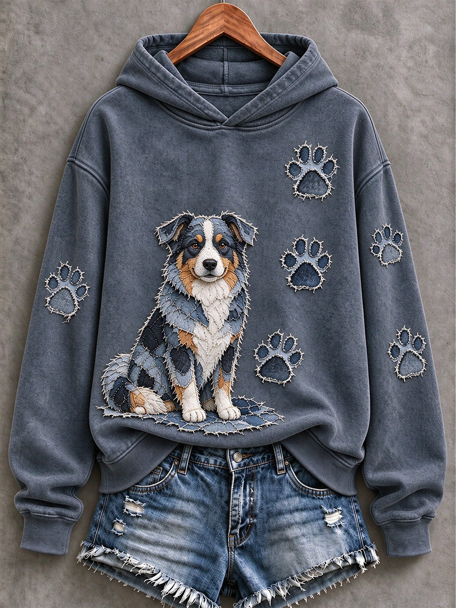 Women's Australian Shepherd & Paw Prints Patchwork Print Casual Hoodie