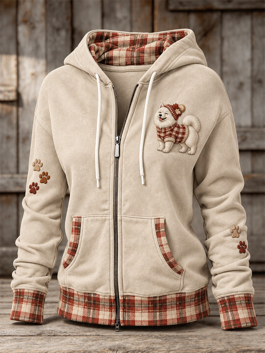 Women's Vintage Plaid Samoyed Dog & Paws Print Comfy Zip-Up Hoodie