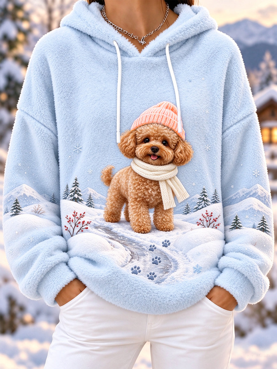 Women's Cute Winter Poodle Print Dog Lovers Casual Flannel Hoodie