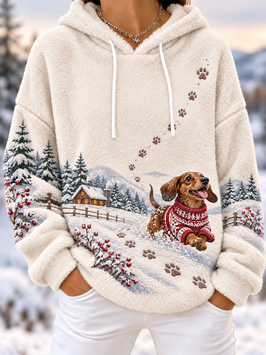 Women's Cute Winter Dachshund Print Dog Lovers Casual Flannel Hoodie