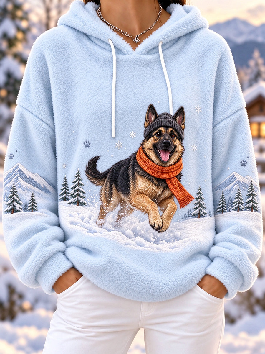 Women's Cute Winter German Shepherd Print Dog Lovers Casual Flannel Hoodie