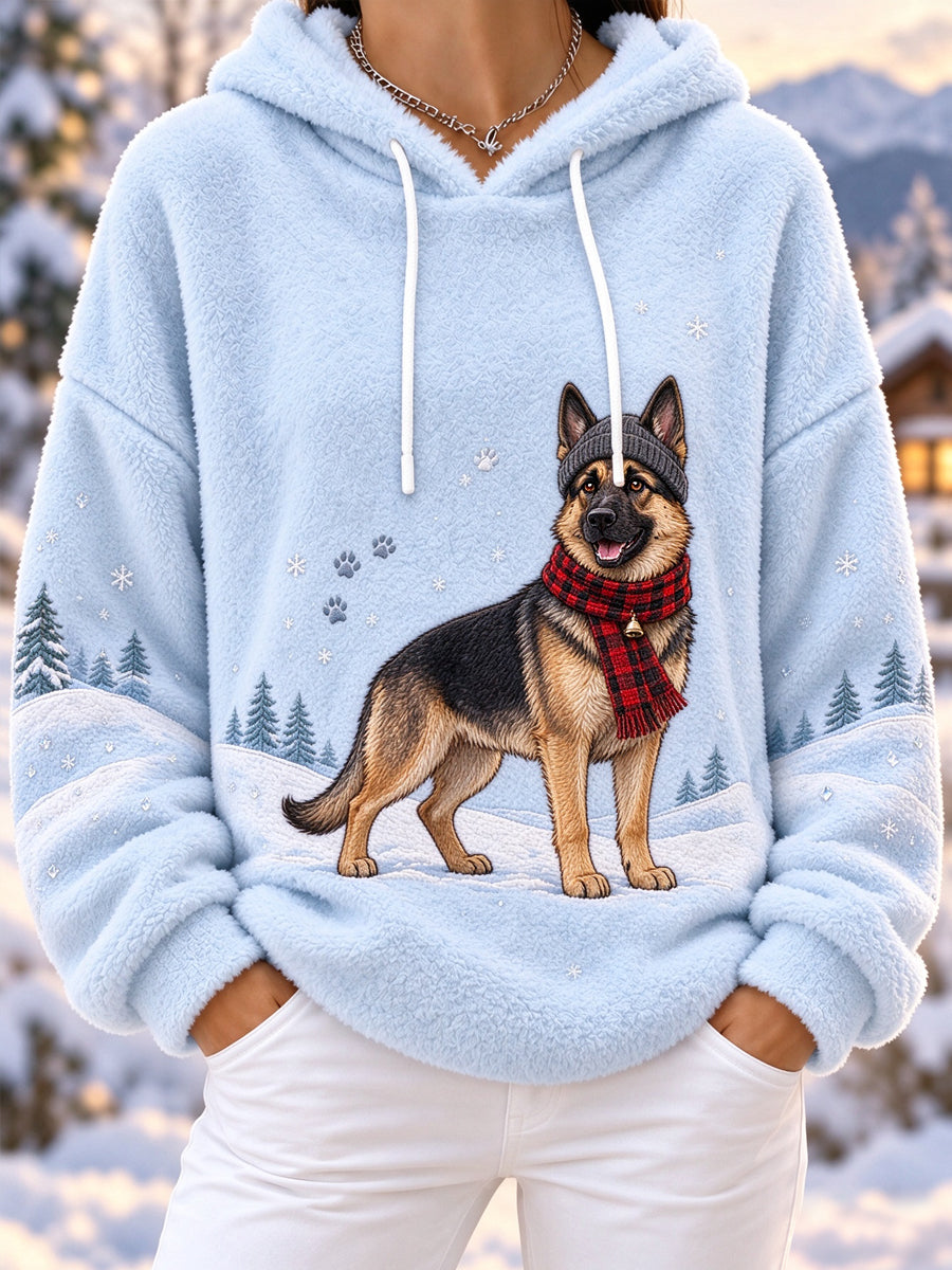 Women's Cute Winter German Shepherd Print Dog Lovers Casual Flannel Hoodie