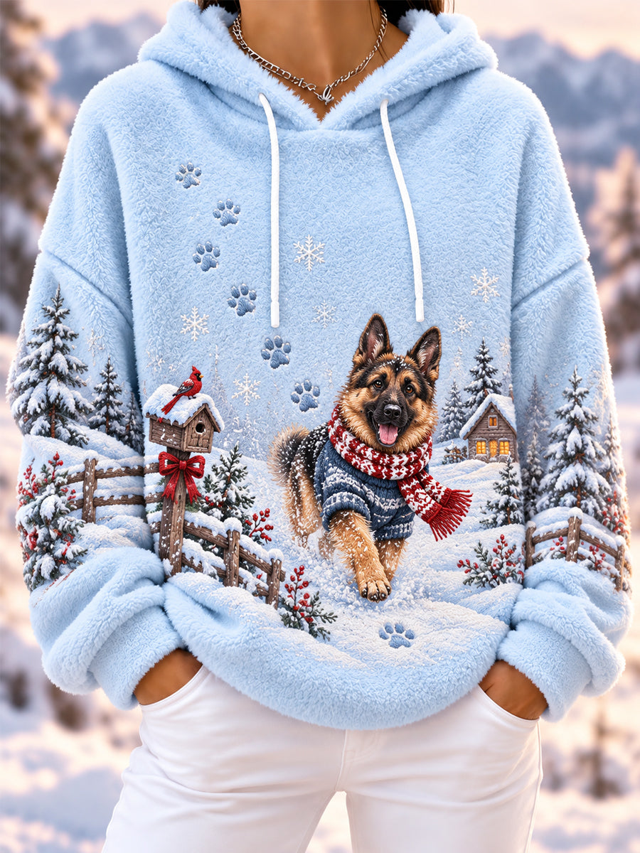 Women's Cute Winter German Shepherd Print Dog Lovers Casual Flannel Hoodie