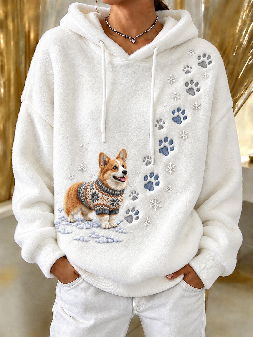 Women's Winter Corgi Pattern Causal Flannel Hoodie