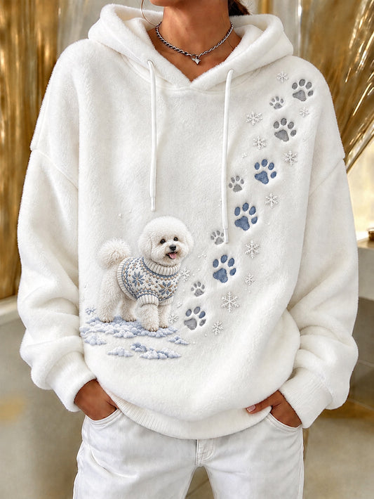 Women's Winter Bichon Frise Pattern Causal Flannel Hoodie