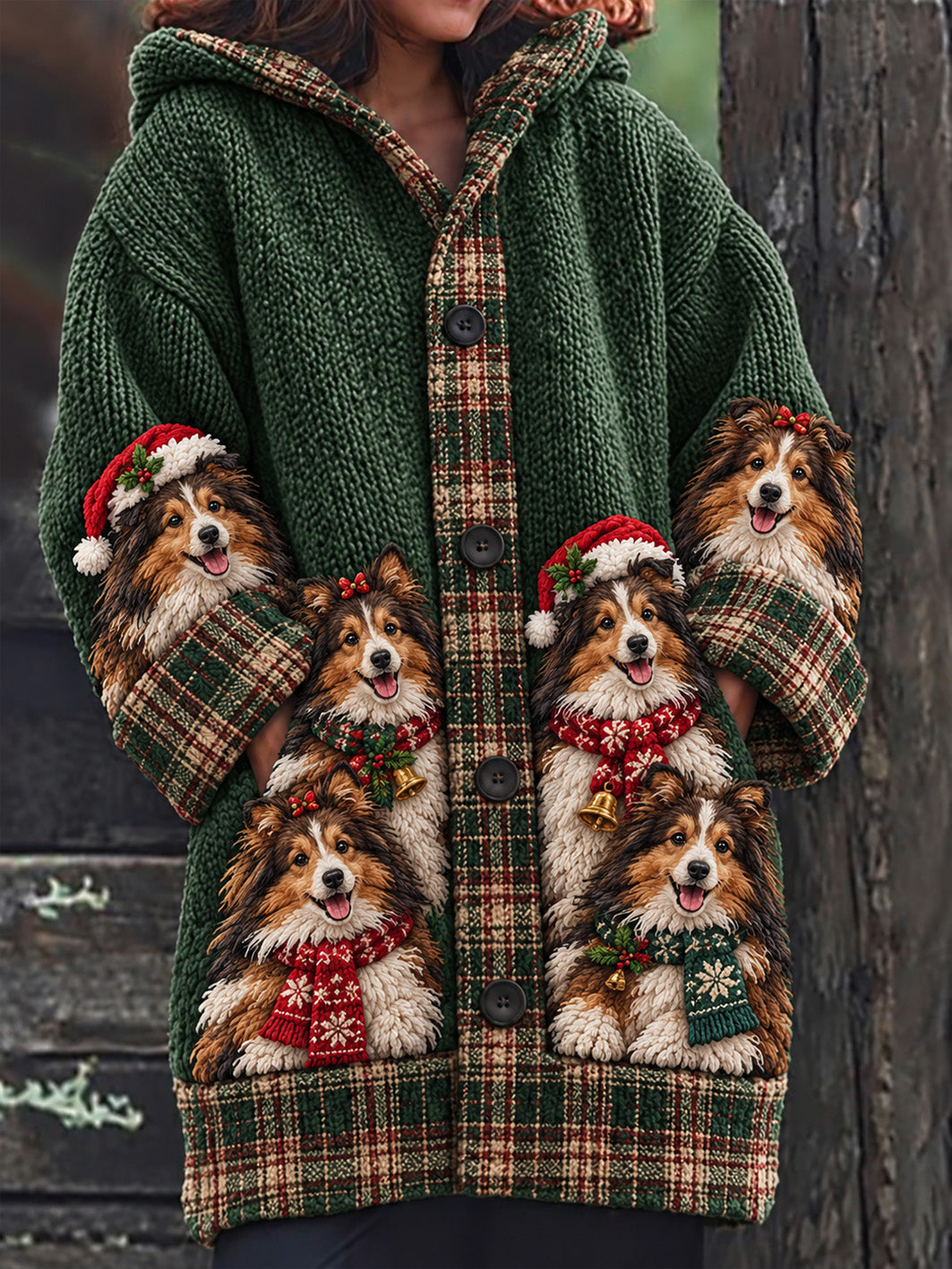 Women's Christmas Shetland Sheepdogs Pattern Checkered Design Casual Composite Fleece Long Coat