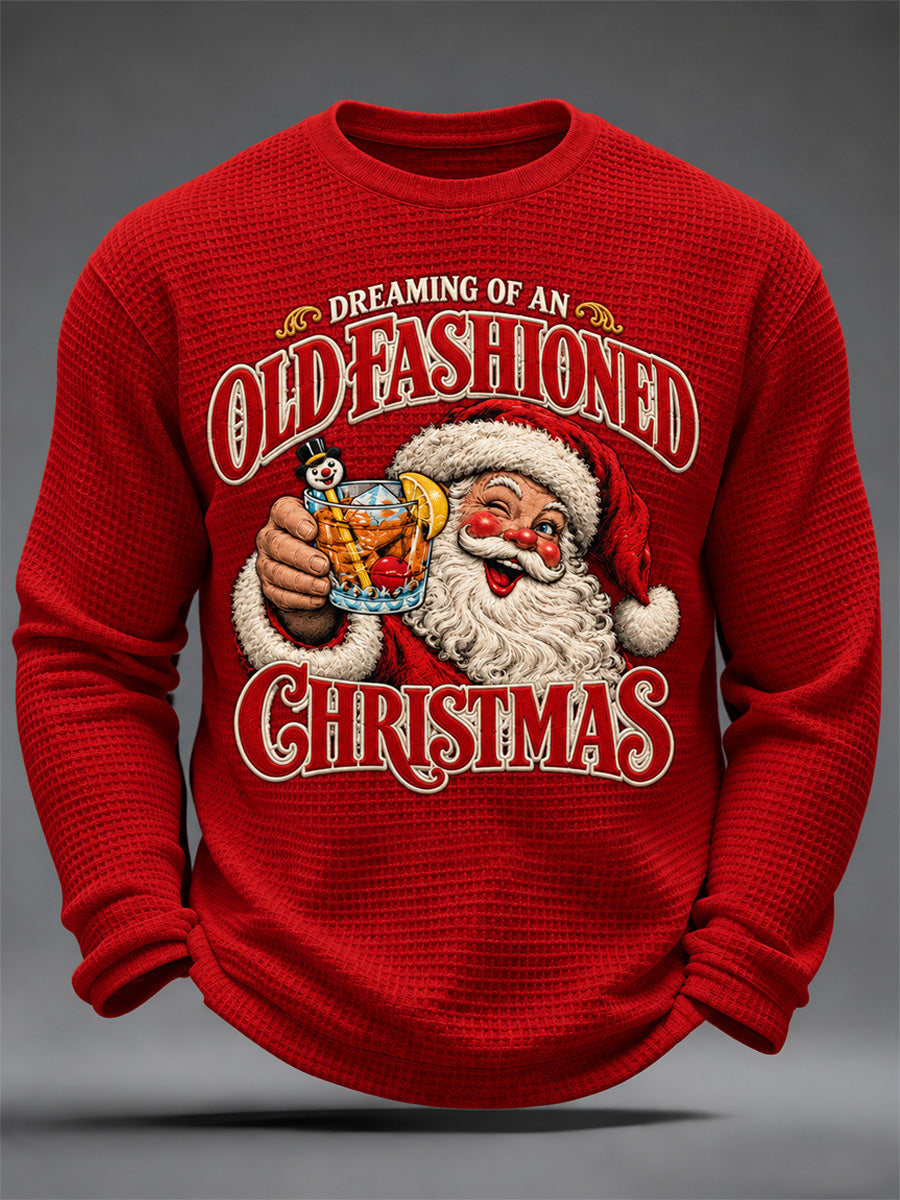 Men's Christmas Print Waffle Long Sleeve Top
