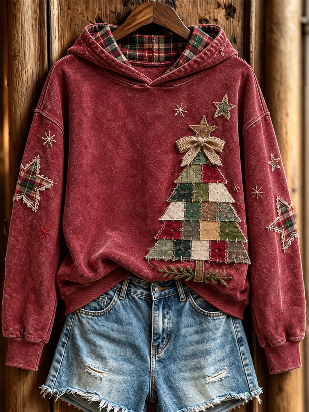 Women's Retro Patchwork Christmas Tree Pattern Casual Hoodie