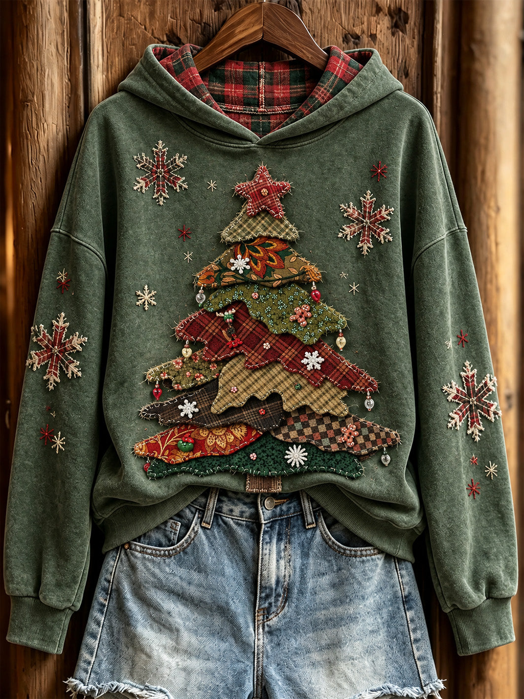 Women's Retro Patchwork Christmas Tree Pattern Casual Hoodie