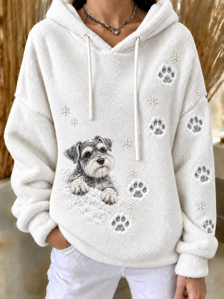 Women's Snowy Winter Peeking Schnauzer Dog & Paw Prints Print Flannel Hoodie