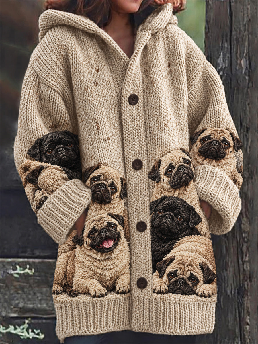 Women's Vintage Crowded Pug Dogs Print Composite Fleece Long Coat