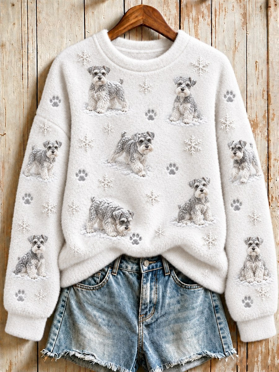 Women's Snowy Winter Schnauzer Dogs in the Snow Print Flannel Sweatshirt
