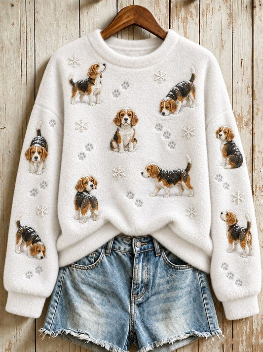 Women's Snowy Winter Beagle Dogs in the Snow Print Flannel Sweatshirt