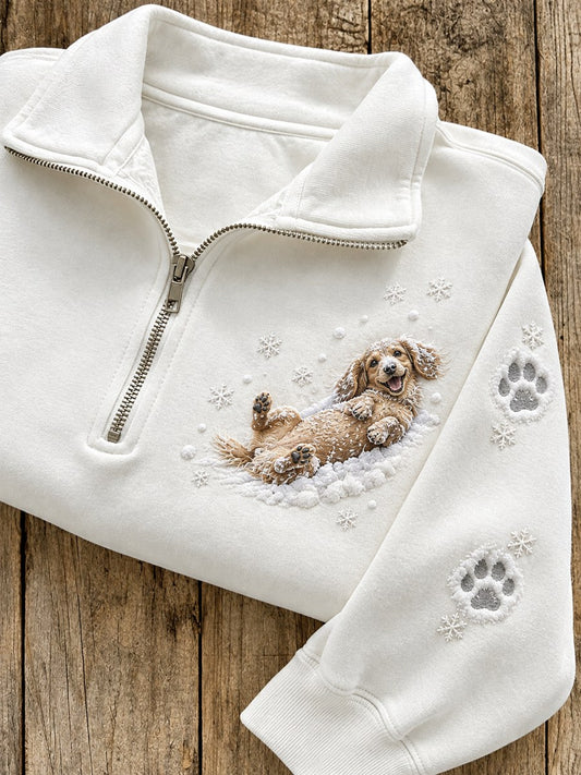 Women's Snowy Winter Dachshund Dog in the Snow Print Zip Up Sweatshirt