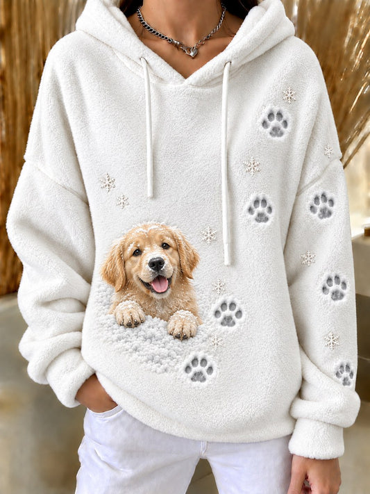 Women's Snowy Winter Peeking Golden Retriever Dog & Paw Prints Print Flannel Hoodie