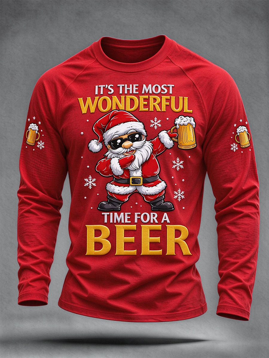 Men's Funny Santa Claus It's The Most Wonderful Time For A Beer Print Casual Long Sleeve T-Shirt