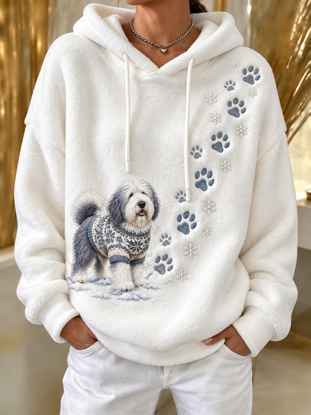 Women's Winter Old English Sheepdog Pattern Causal Flannel Hoodie